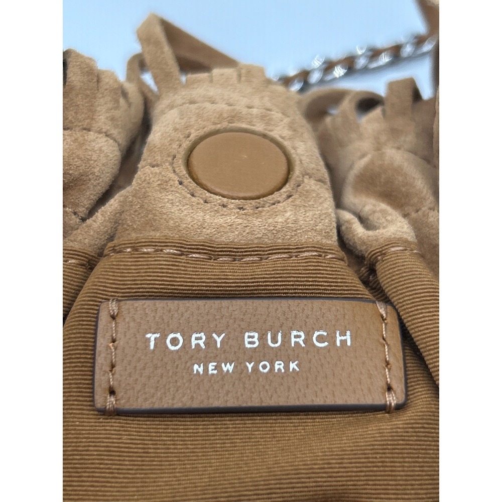 Tory Burch Mini Fleming Suede Fringe Hobo Bag Wild Tobacco Brown Silver Chain - Picture 8 of 11
